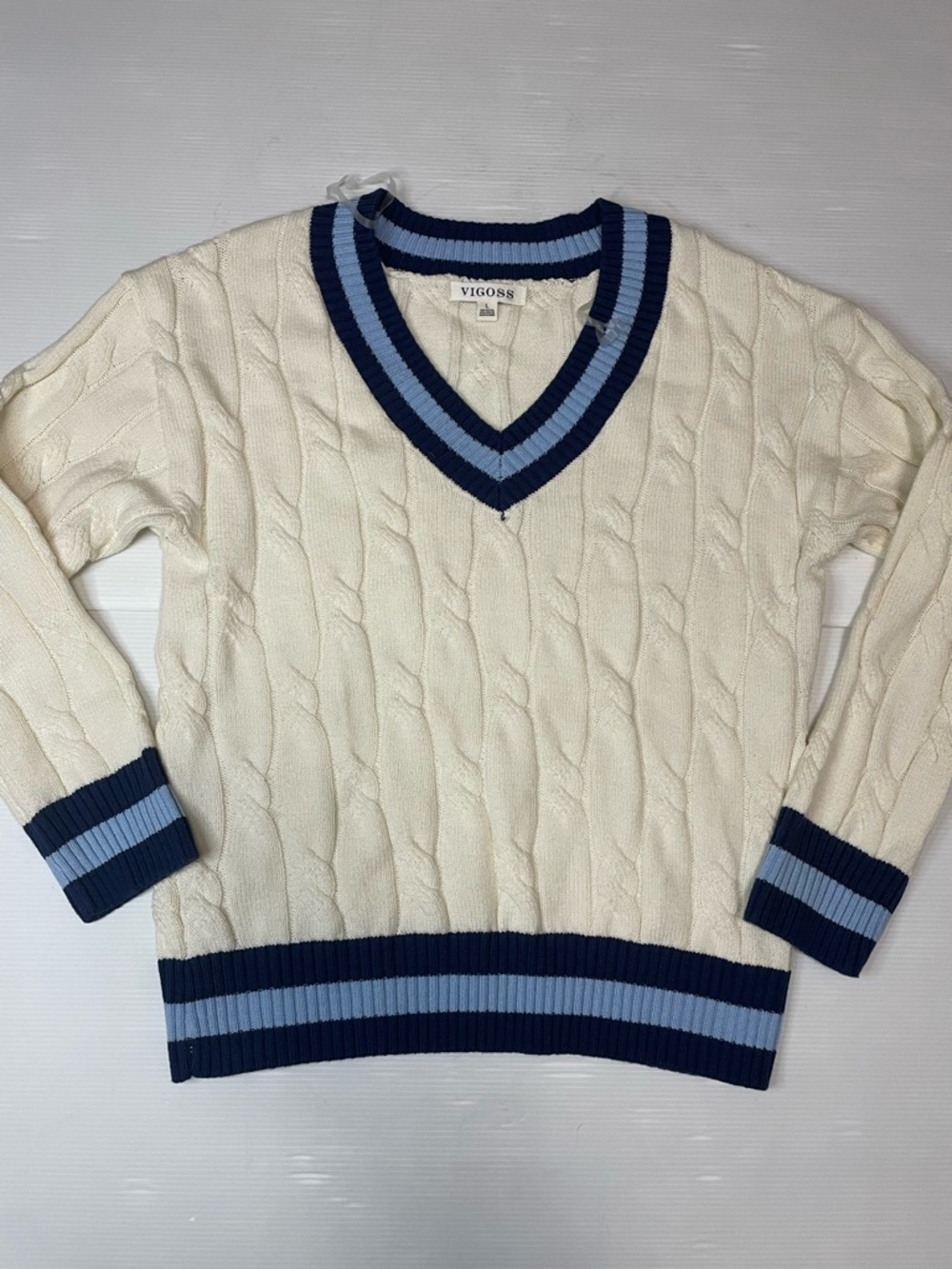 VIGOSS Varsity Stripe V-neck Sweater In Multi Blue Cream Size L